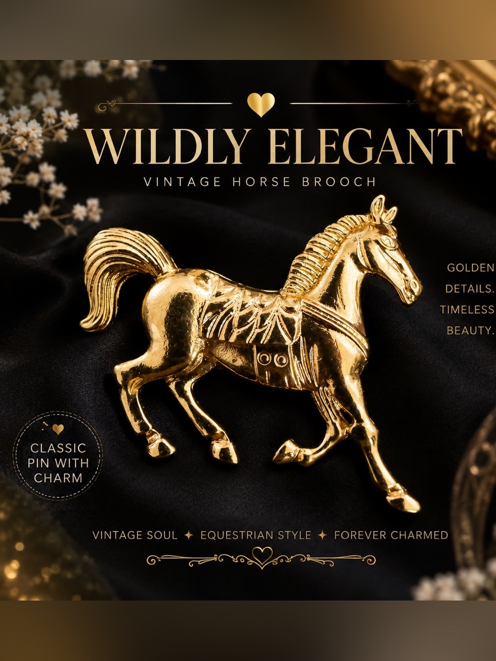 Wildly Elegant Vintage Horse Brooch — Gold